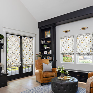 Find your Perfect Fit with One of Our Experts Living Room and French Doors with patterned shades