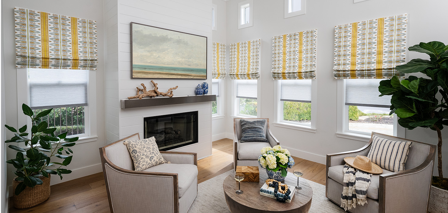 Patterned Roman Shades in a living room